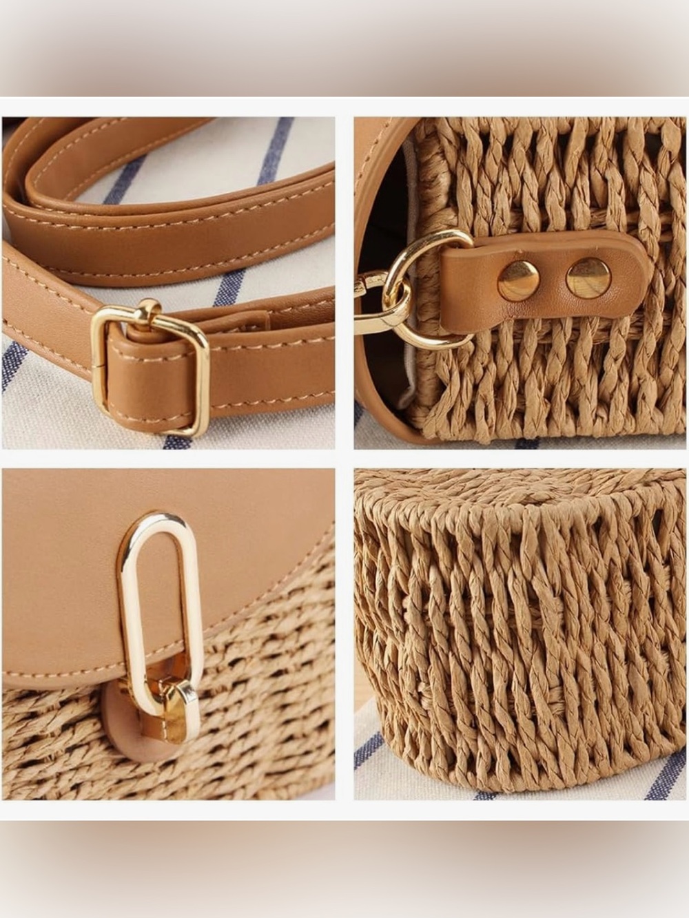 Woven Tan and Cream Top-Handle Satchel with Adjustable Strap - Picture 5 of 6